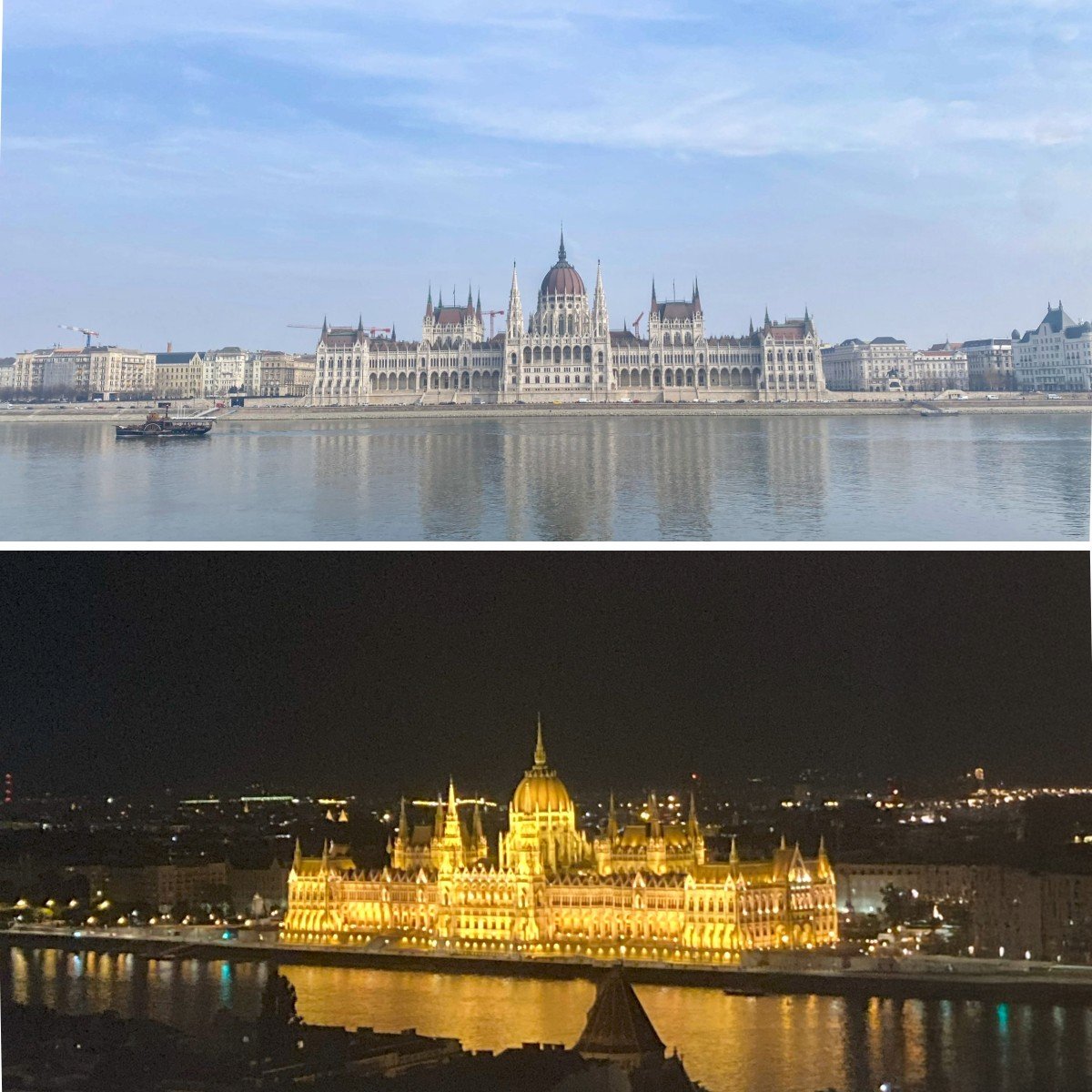 Hungarian Parliament Building in the daytime vs lit up at night