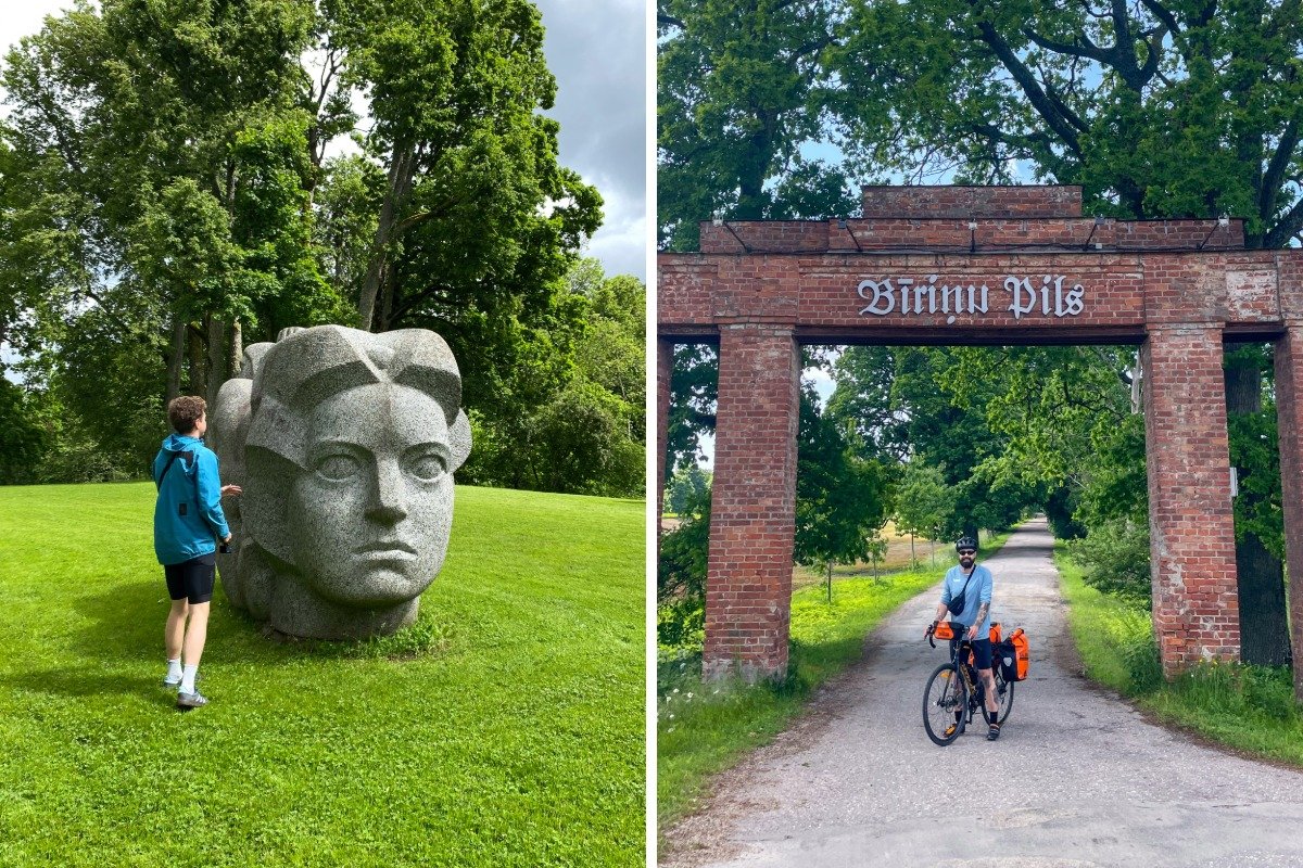 Looking at the statues in Turaida Castle's lush gardens and arriving to our hotel at Birini Castle