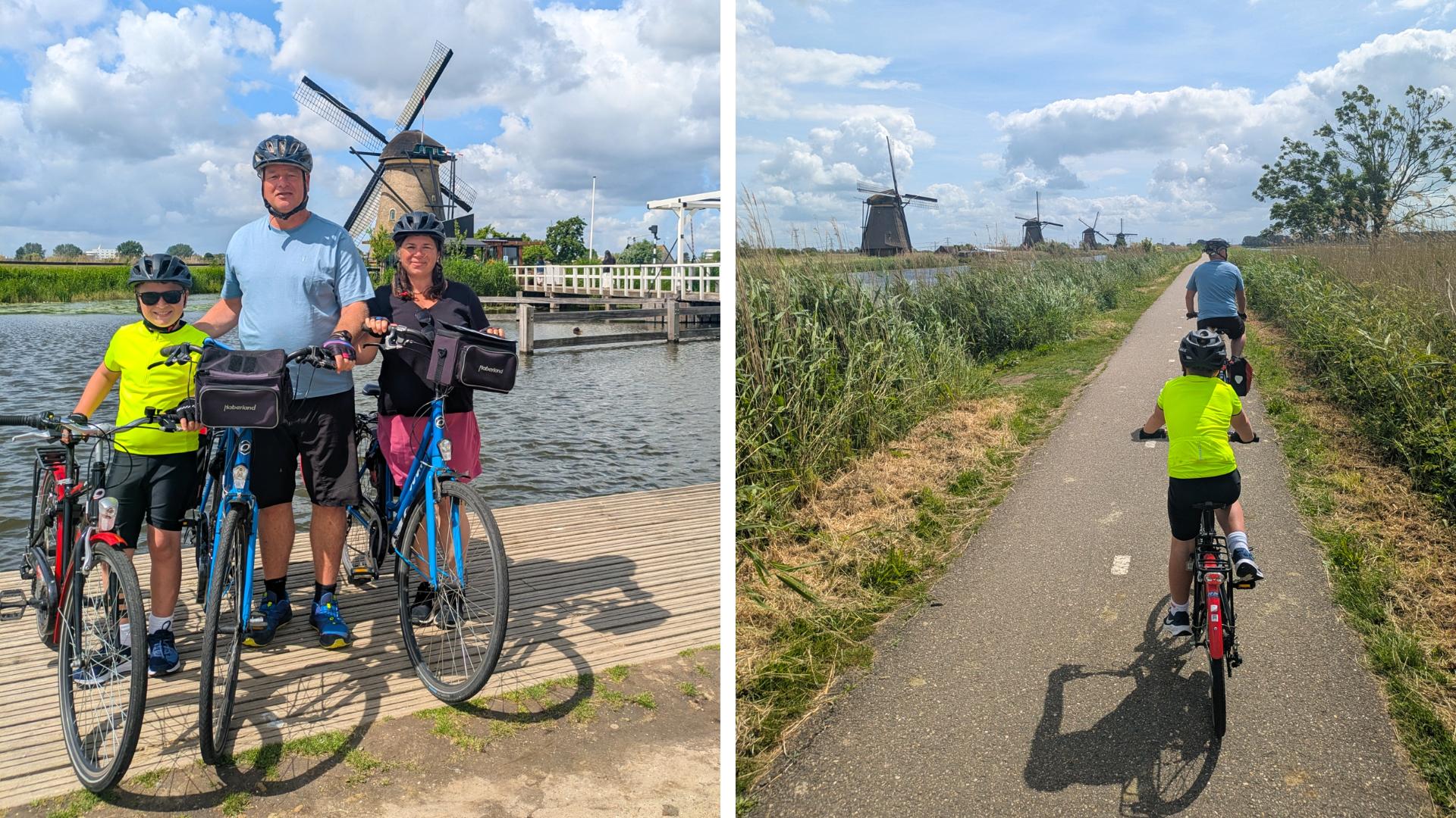 Catherine, Saul and their son James cycling through Kinderdijk in 2025